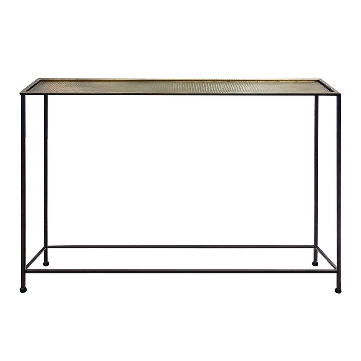 Aurelia 48 Inch Console Sofa Table, Artisanal Hammered Antique Bronze Tray Top, Industrial Black Iron Frame