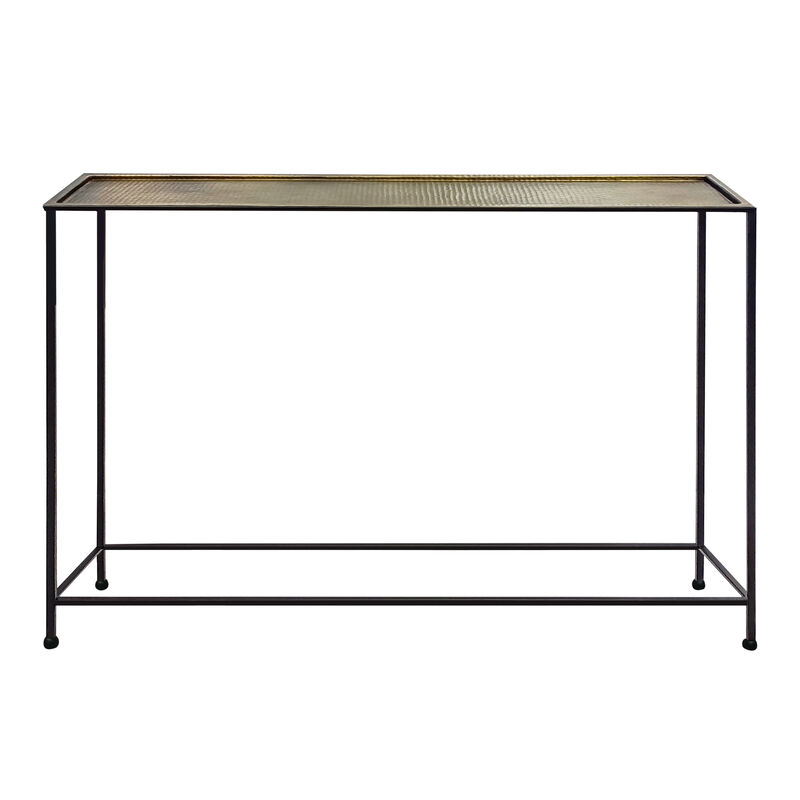 Aurelia 48 Inch Console Sofa Table, Artisanal Hammered Antique Bronze Tray Top, Industrial Black Iron Frame
