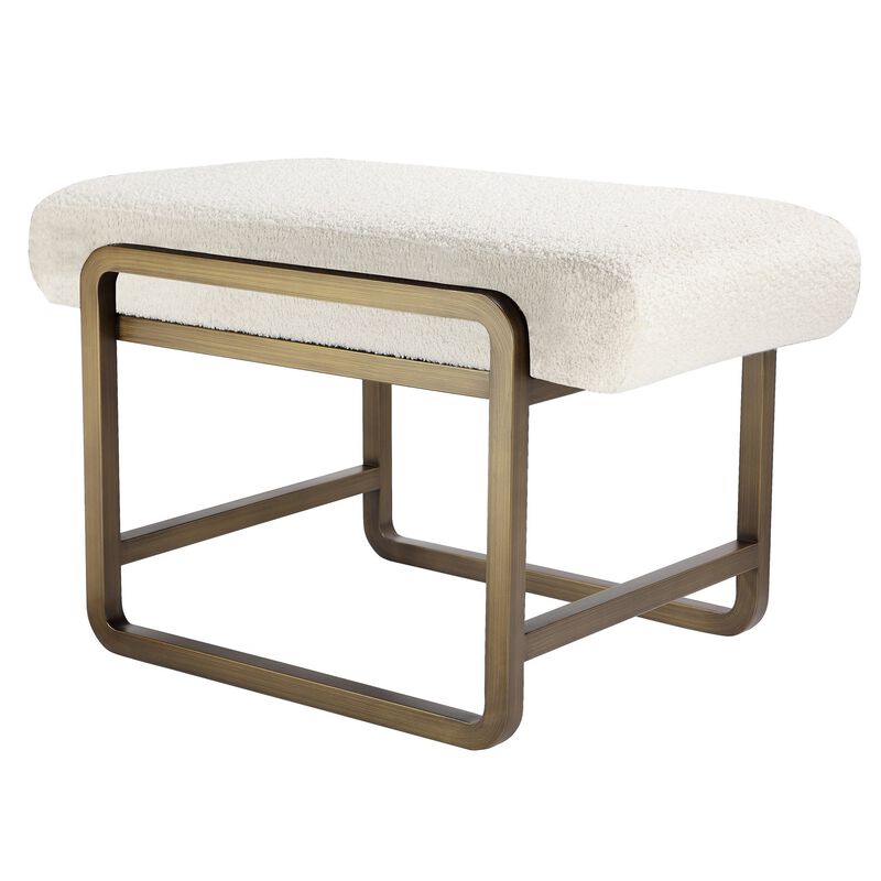 Loer 18 Inch Modern Accent Stool, Ivory Boucle Upholstery, Sled Brass Legs - Benzara