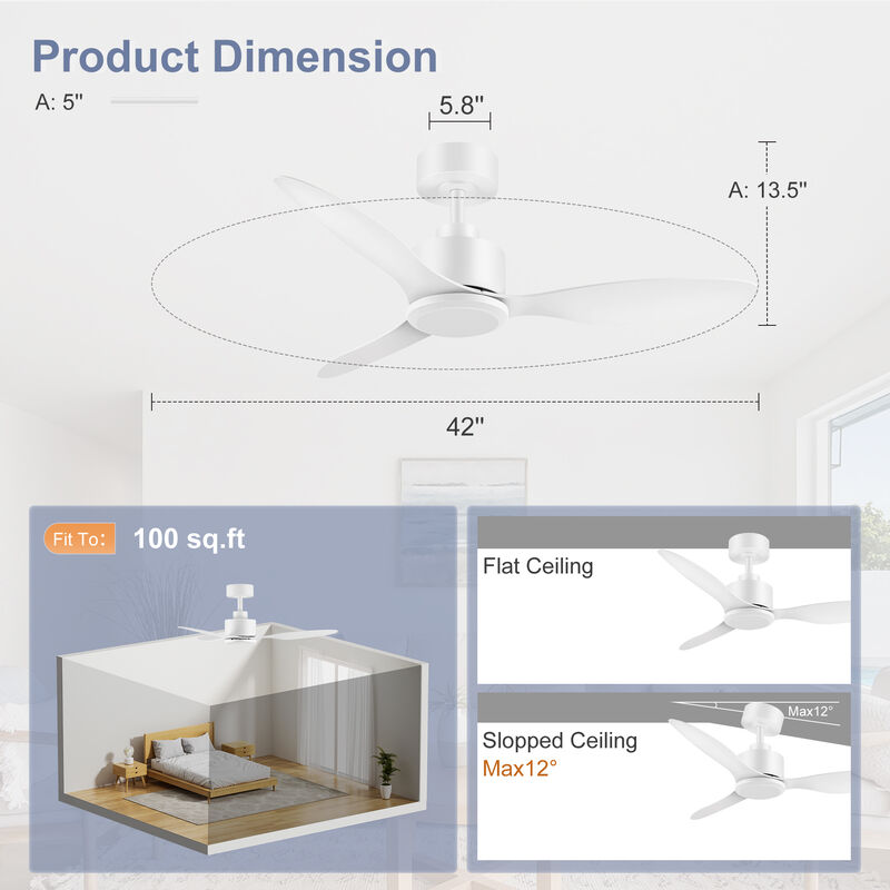 Breezary 42" Ceiling Fan No Light, 3 Blades, DC Motor, 6 Speeds, Remote Control, Reversible image number 5