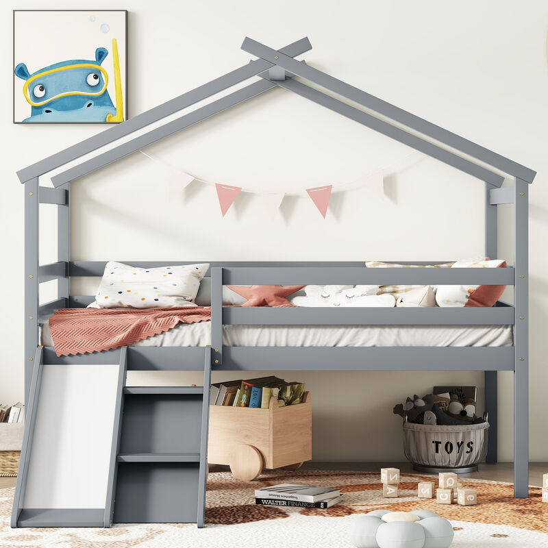 Whisen Twin Low Loft House Bed with Fun Slide, Secure Ladder, and Playful Roof Frame image number 3