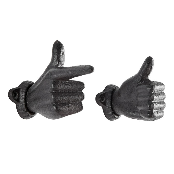 "Thumbs up & Pointing Finger" Dark Brown Cast Iron Wall Mount Hook Set (Set of 2)