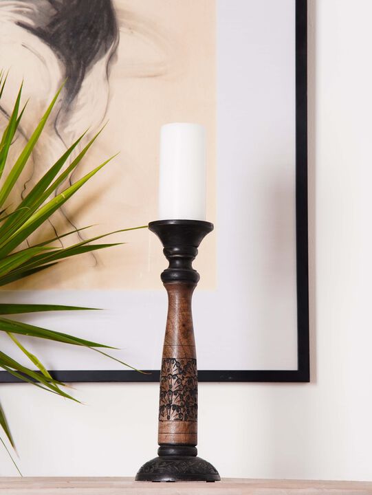 Traditional Black Wash Eco-friendly Handmade Mango Wood Set Of One 15" Pillar Candle Holder
