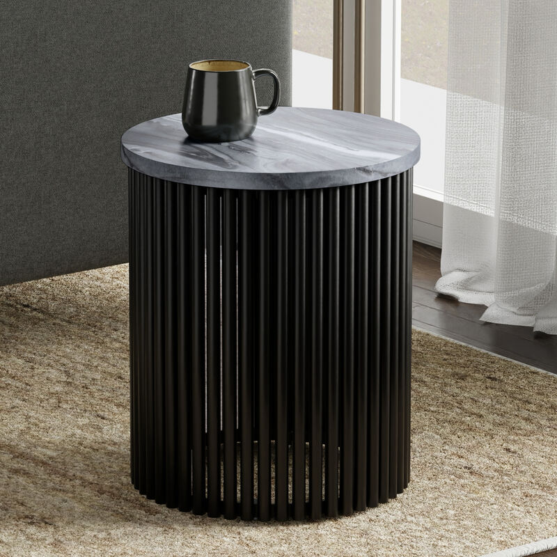 Demy 18 inch Wide Industrial Metal Accent Table in Black Genuine Marble and Black Metal, Assembled