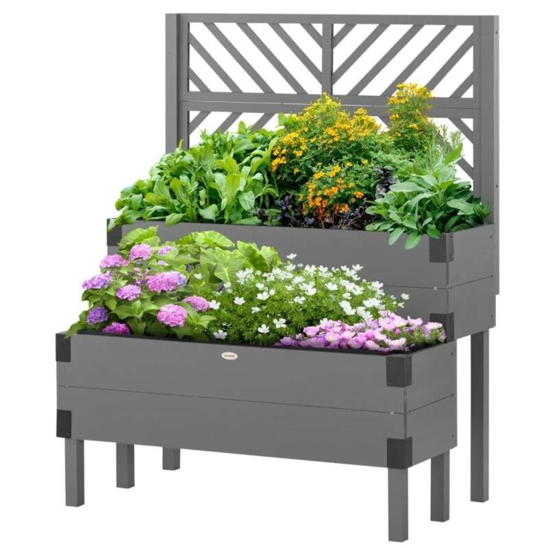 Hivvago 2 Tier Self Draining Natural Wood Raised Garden Bed Planter Box with Trellis