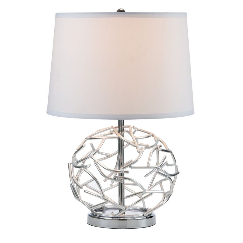 24 Inch Table Lamp, Silver Hollow Geometric Globe Base, Empire Shade - Benzara