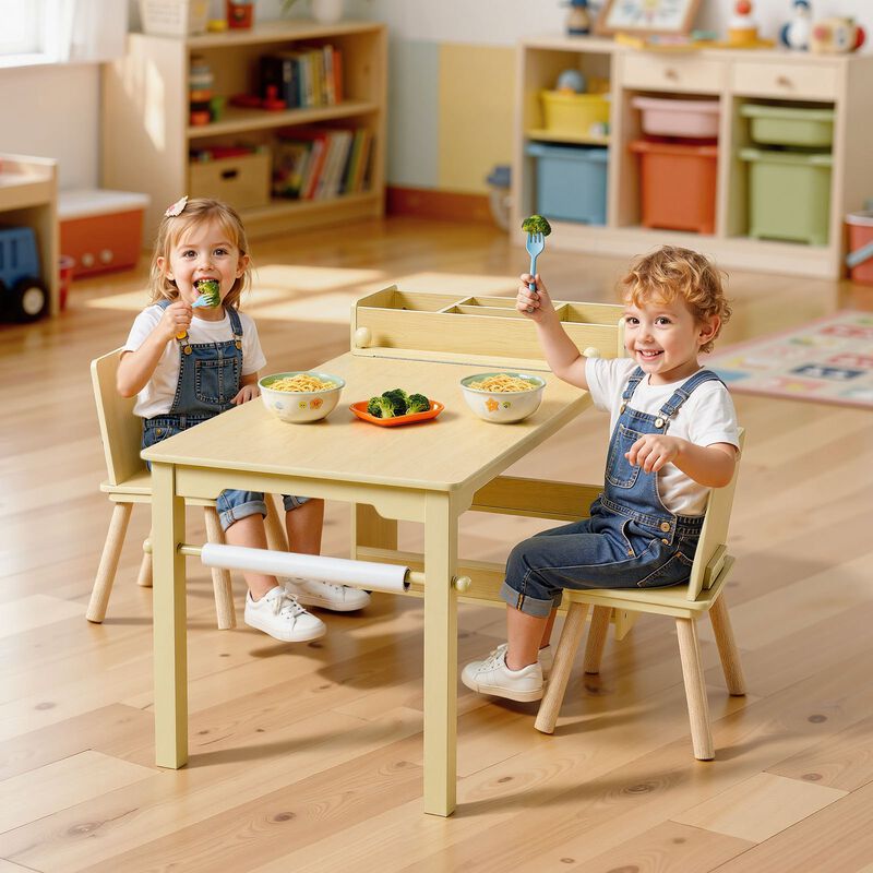 Kids Craft Activity Desk with 2 Chairs and 3-Tier Storage Cabinet-Light Wood image number 1