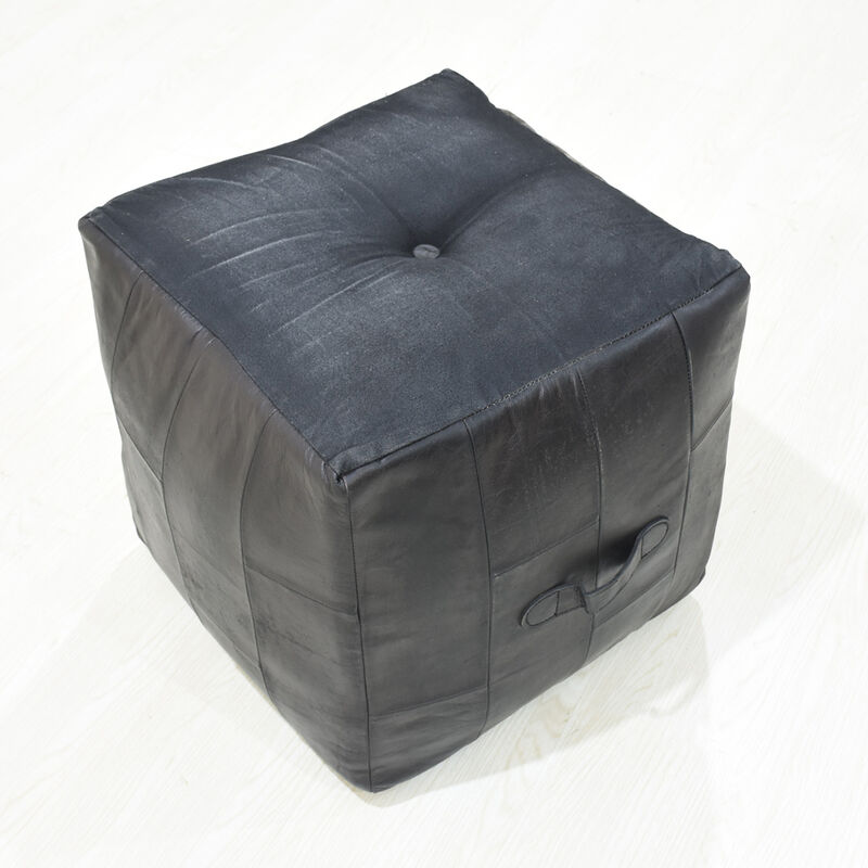 Geometric Handmade Leather Square Pouf 18"x18"x18" (Recycled Foam with Fibre Fill) Black Color MABBBACPF25 BBH Homes