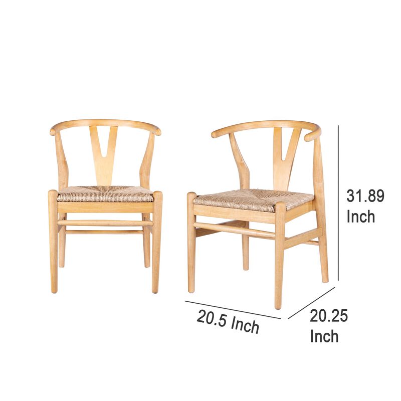 Cera Dining Chair Set of 2, Handwoven Rope Seat, Natural Brown Wood - Benzara