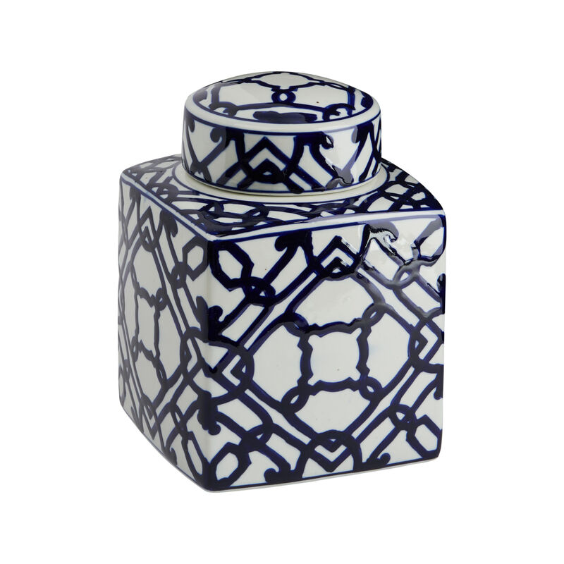 Decorative Square Ceramic Ginger Jar with Lid, Blue and White Geometric Fretwork image number 5