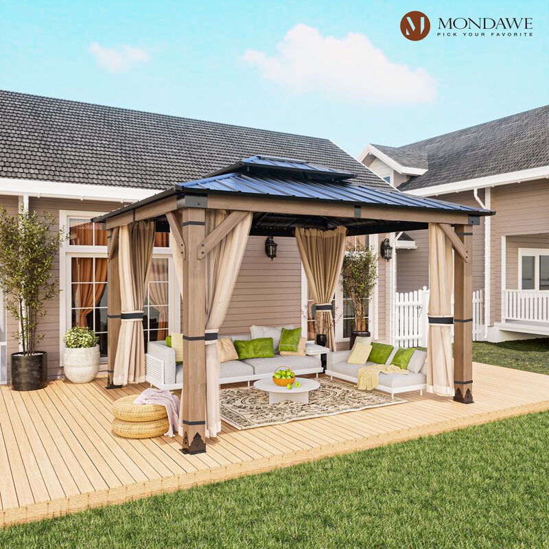 Mondawe Beverly Hills 10 ft. x 12 ft. Outdoor Fir Solid Wood Frame Patio Gazebo Canopy Shelter Galvanized Steel Hardtop with Netting And Curtain