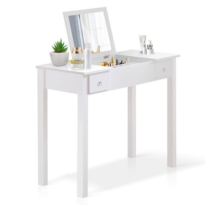 Accent White Vanity Table with Flip-Top Mirror and 2 Drawers, Jewelry Storage for Women Dressing