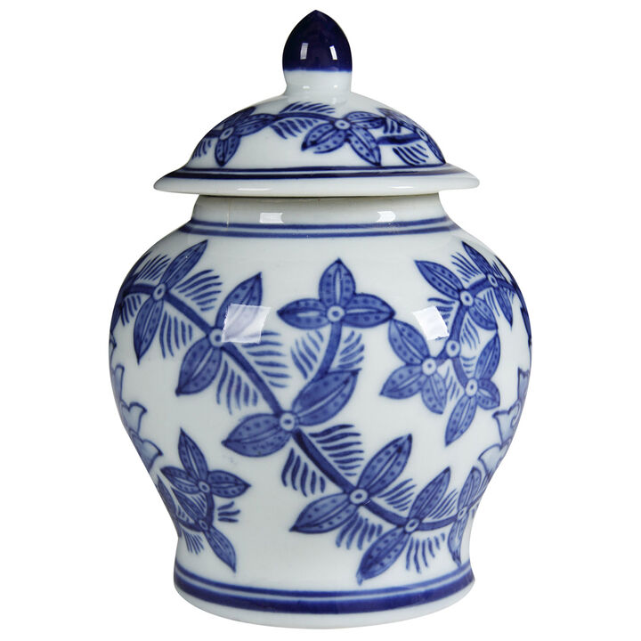 6 Inch Porcelain Jar, Urn Shape, Lid, Floral Design, Blue, White-Benzara