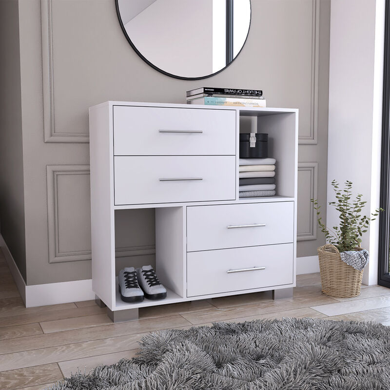 Krista Dresser, Two Open Shelves, Four Drawers - White