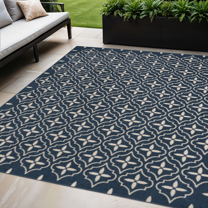 HomeRoots 5' X 7' Navy Blue And Ivory Geometric Indoor Outdoor Area Rug