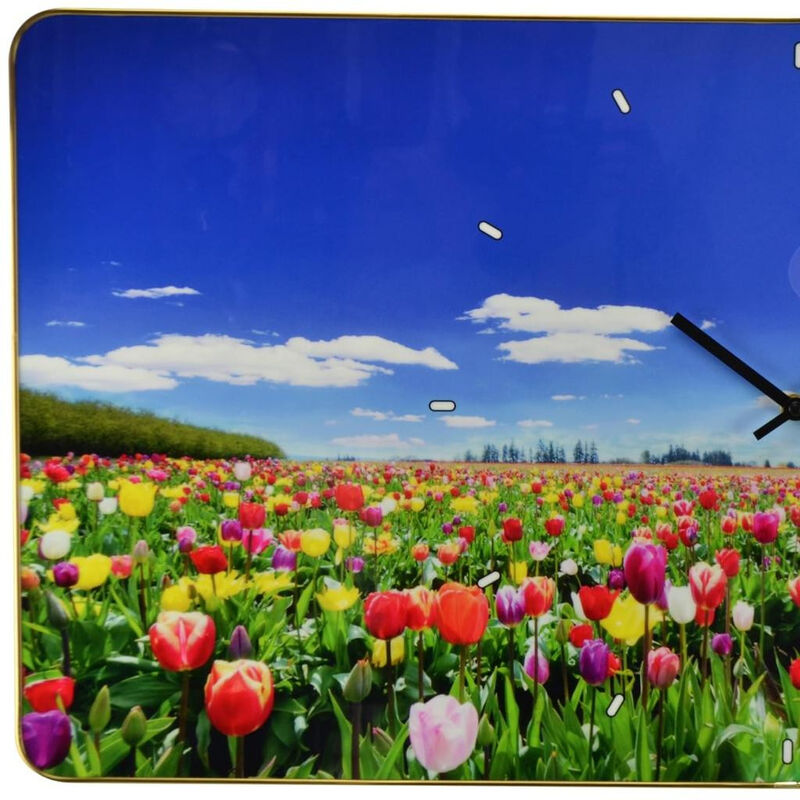 HomeRoots 24" Blue Red And Gold Solid Wood and Acrylic Silent Tulips Floral Wall Clock image number 3