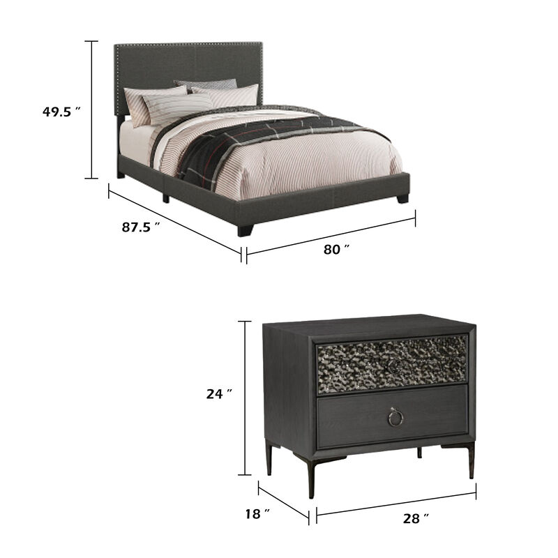 King Bedroom Set, Espresso Brown, Silver, Black Wood, 3 Piece Set with 2 Nightstands image number 7