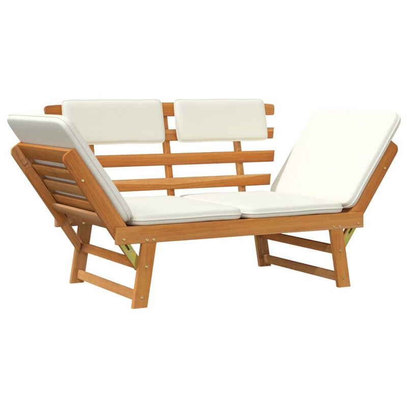 Outdoor Bench, Folding 2 in 1 Style, White Cushions, Brown Acacia Wood - Benzara