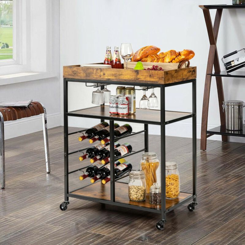 Hivvago 3-Tier Wood Rolling Kitchen Serving Cart with 9 Wine Bottles Rack Metal Frame-Rustic Brown