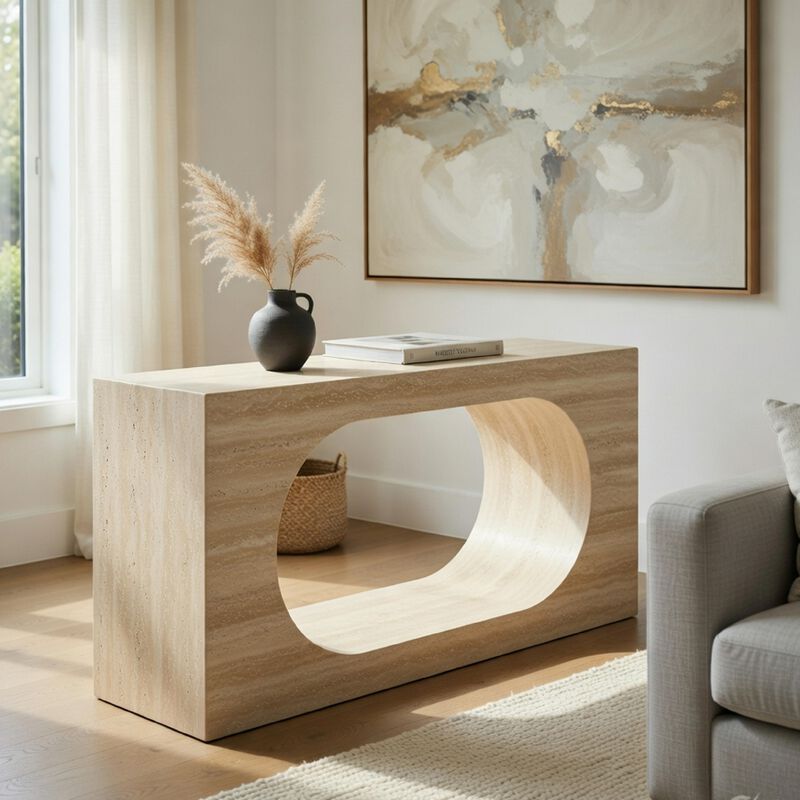 Pia Console Table, Oval Cutout Center, Beige Travertine Stone 59 Inch image number 8