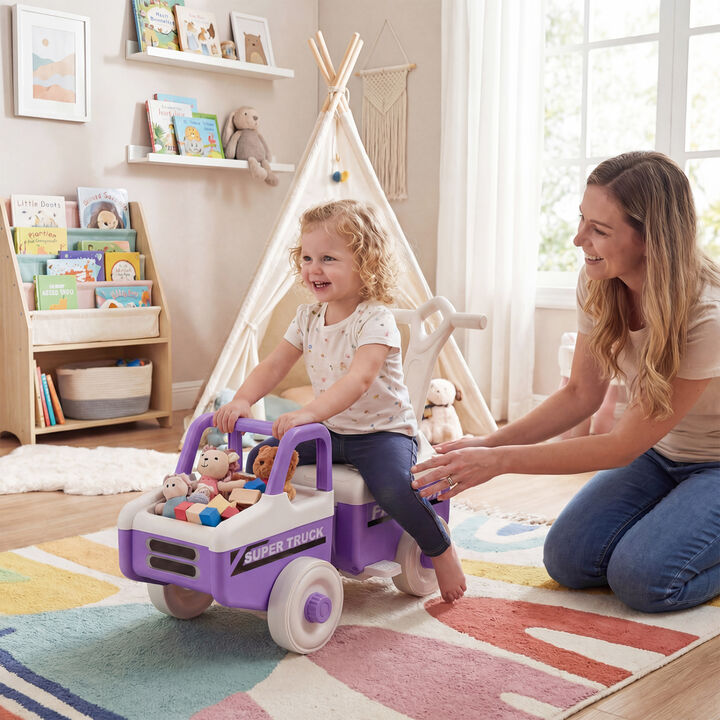 Kids 4 in 1 Push Ride On Car with Music and Storage Compartment for Outdoor Play