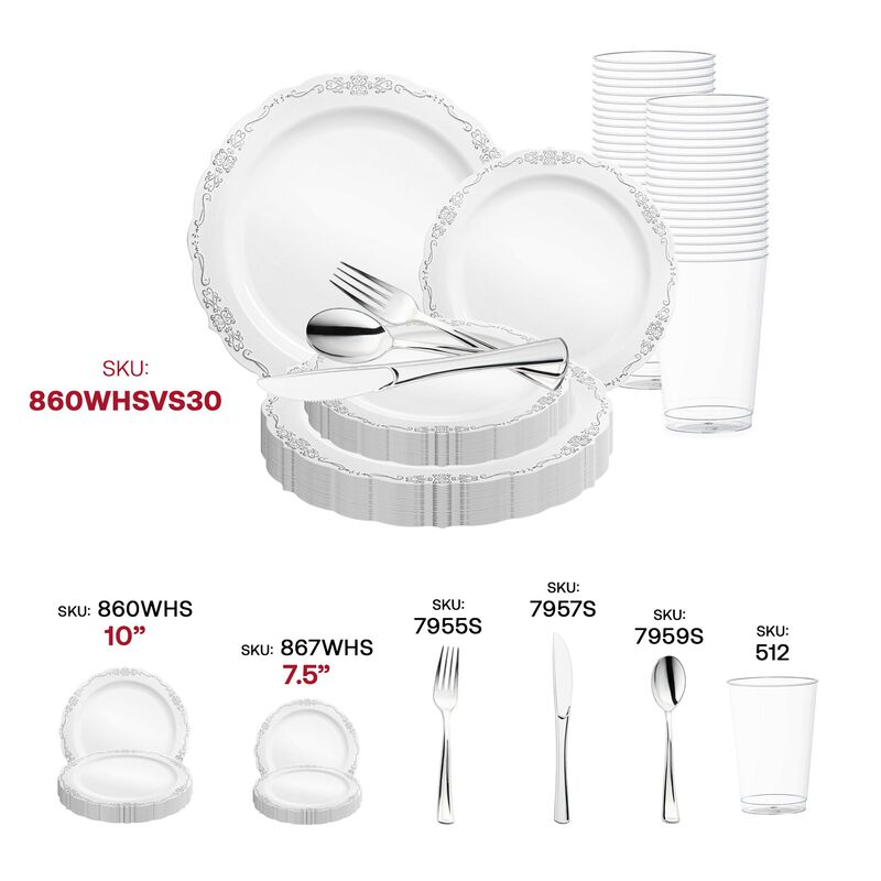 White with Silver Vintage Rim Round Plastic Wedding Value Set (30 Sets) image number 5
