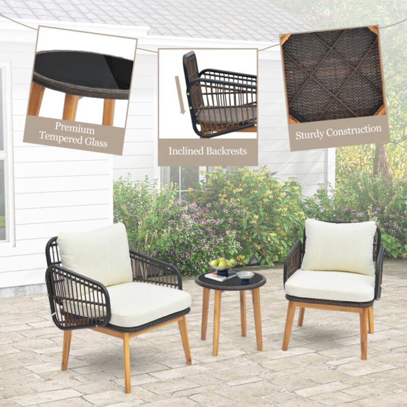 Hivvago 3 Pieces Patio Furniture Set with Cushioned Chairs and Tempered Glass Side Table