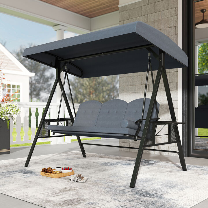3-Person Patio Swing Chair with Canopy, Pillow and Foldable Side Trays