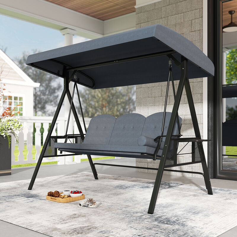 3-Person Patio Swing Chair with Canopy, Pillow and Foldable Side Trays image number 1