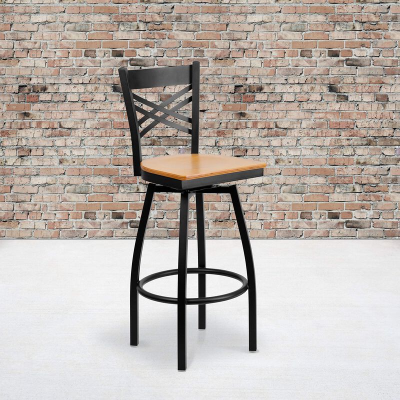 Flash Furniture HERCULES Series Black ''X'' Back Swivel Metal Barstool - Natural Wood Seat image number 1