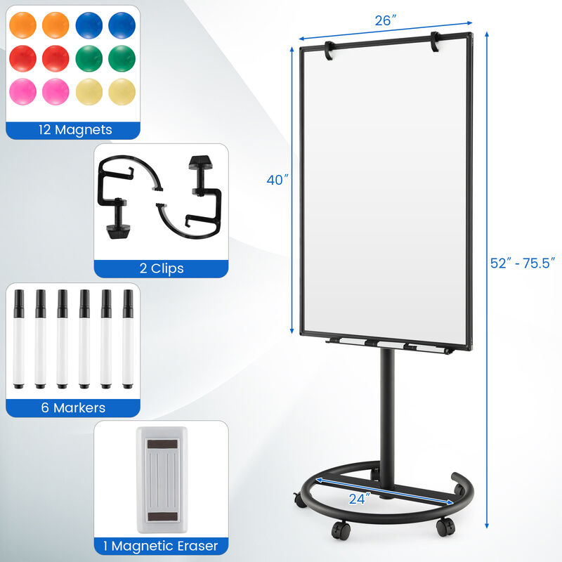 Adjustable Height Mobile Whiteboard with Round Stand and Paper Clip Holder