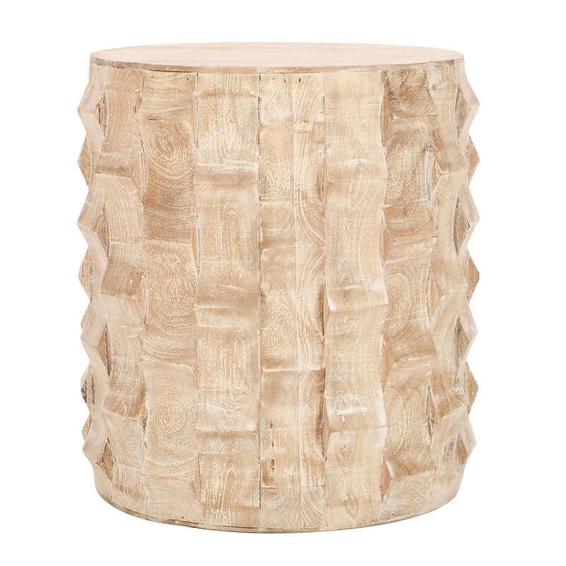20 Inch Side End Table, Round Drum Shape with 3D Textured Design, Distressed White Finish image number 4