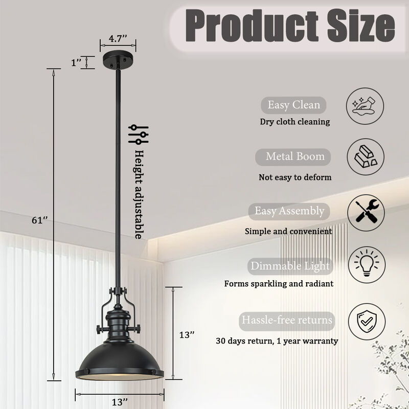 1-Light 13" Modern Industrial Matte Black Single Dome Pendant Light for Kitchen Island image number 5