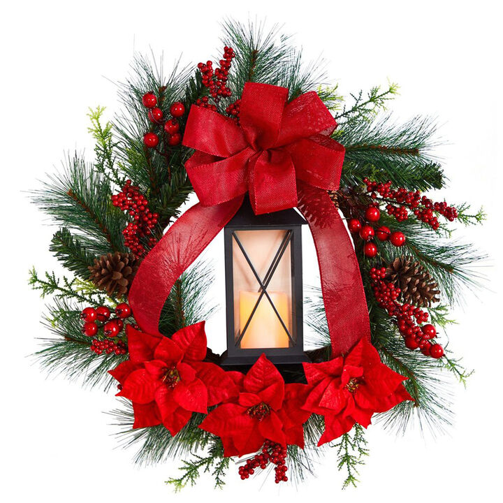 Nearly Natural 28-in Poinsettia and Berry Holiday Lantern Christmas Wreath with LED Candle