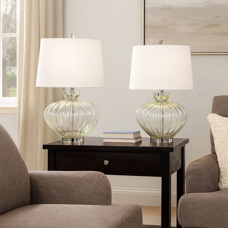 23 Inch Table Lamp Set of 2, Round Crystal Base, White Fabric Shade