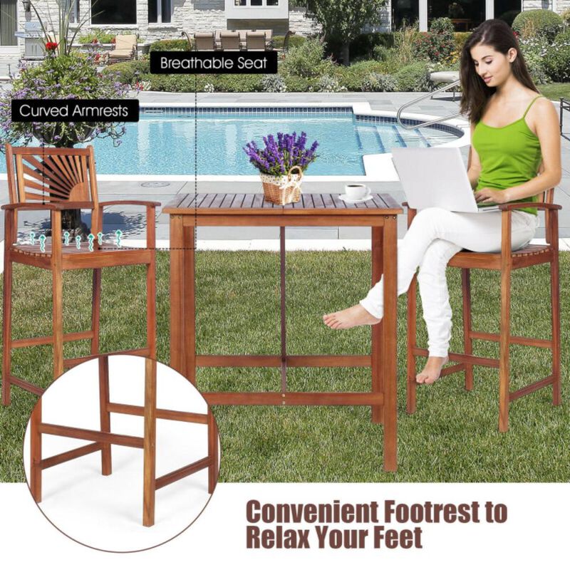Hivvago 3 Pieces Acacia Wood Patio Bar Set with Sunflower Patterned Backrest