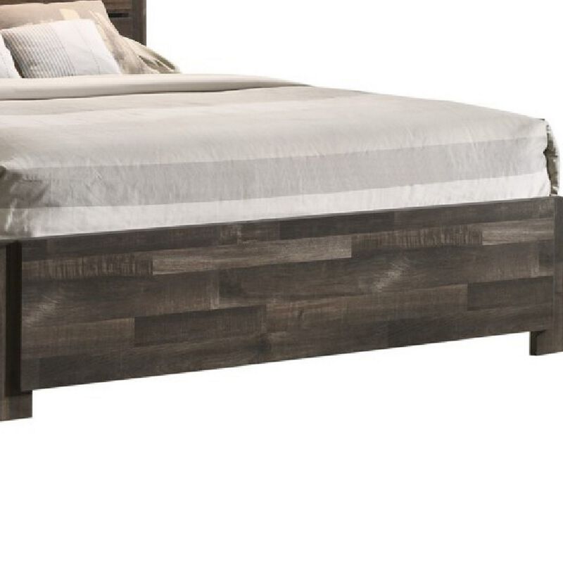 Queen Bed with Rustic Heavy Grain Details and 2 Attached Lanterns, Brown - Benzara