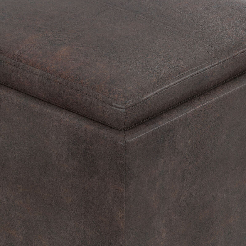 Rockwood 17 inch Wide Contemporary Square Cube Storage Ottoman with Tray in Distressed Brown Vegan Faux Leather, Assembled image number 6