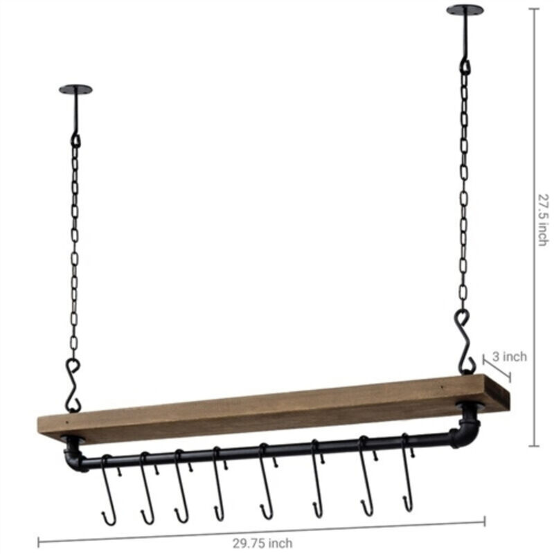 Rustic Industrial Ceiling Pot Rack with 8 S-Hooks – Farmhouse Style, Hanging Storage