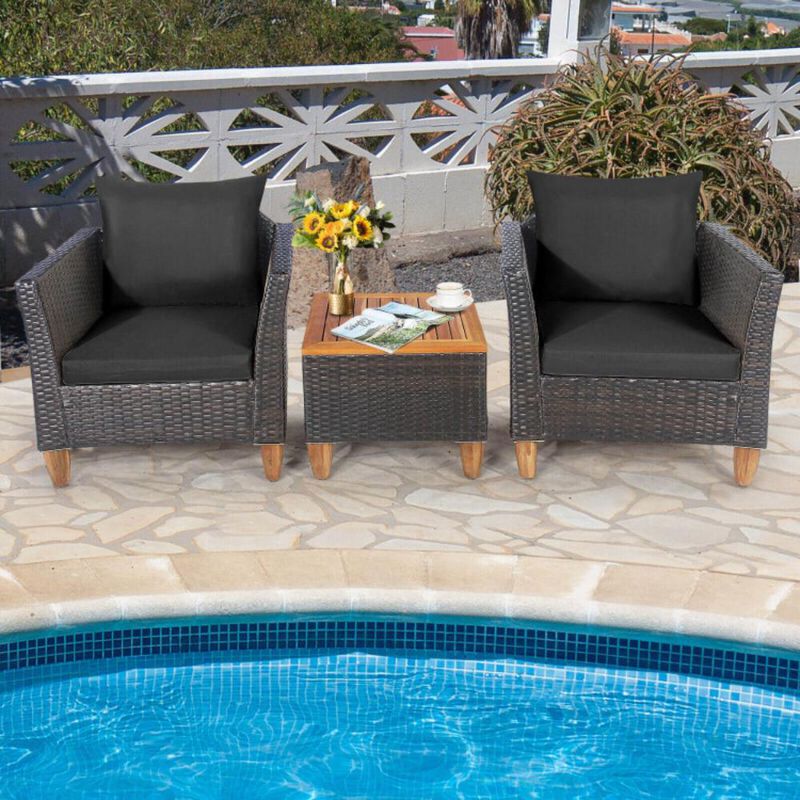 Hivvago 3 Pieces Patio Rattan Bistro Furniture Set with Wooden Table Top