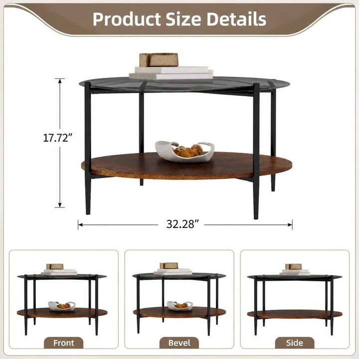GOODSILO Round Modern Coffee Table with Tempered Glass Top and Solid Wood Storage Shelf, Functional Stylish Living Room Centerpiece
