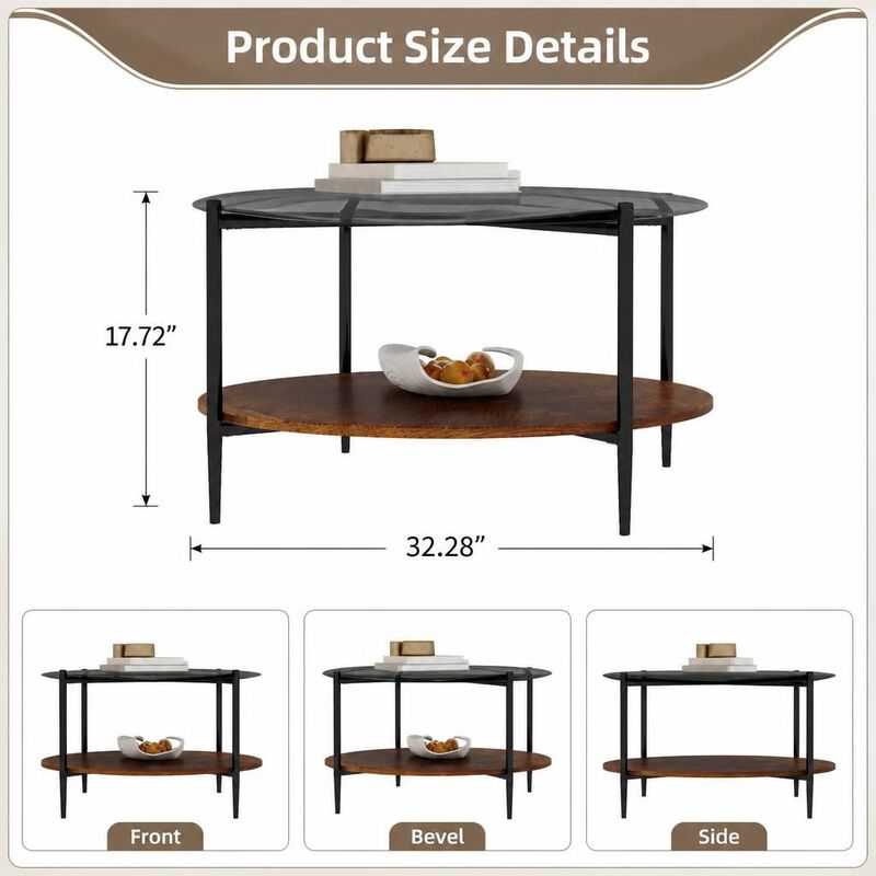GOODSILO Round Modern Coffee Table with Tempered Glass Top and Solid Wood Storage Shelf, Functional Stylish Living Room Centerpiece image number 1