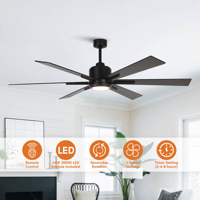 65" Modern Black Windmill LED Ceiling Fan with Remote Control and Lights