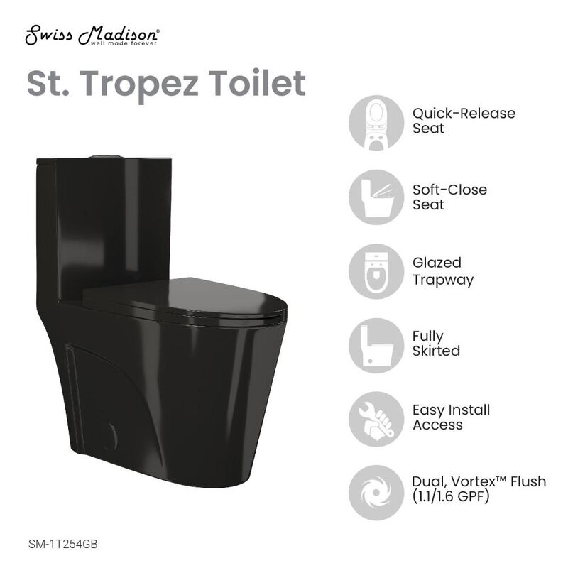 Swiss Madison St. Tropez One Piece Elongated Toilet Vortex&trade; Flush in Glossy Black 1.1/1.6 gpf. image number 2