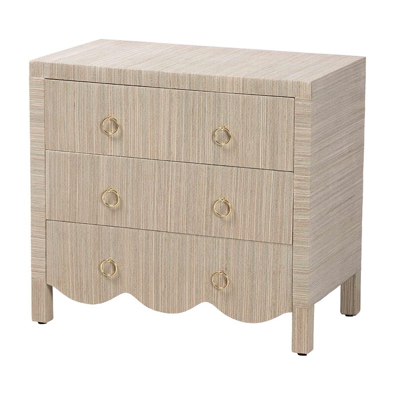bali & pari Umika Grasscloth Nightstand with Scalloped Base - 3-Drawer Accent Chest with Gold Ring Pulls, Bedroom Storage Table or Side Cabinet image number 0