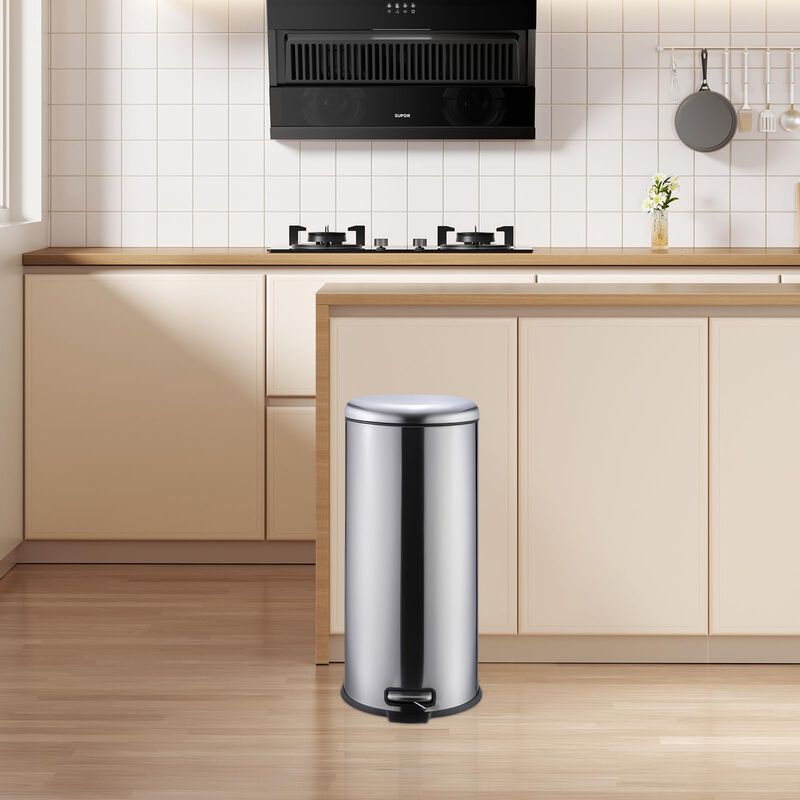30L / 8 Gallon Round Stainless Steel Trash Can, Step-On Pedal, Soft Close Lid, Removable Inner Bucket, Suitable for Kitchen, Office, Bathroom image number 4