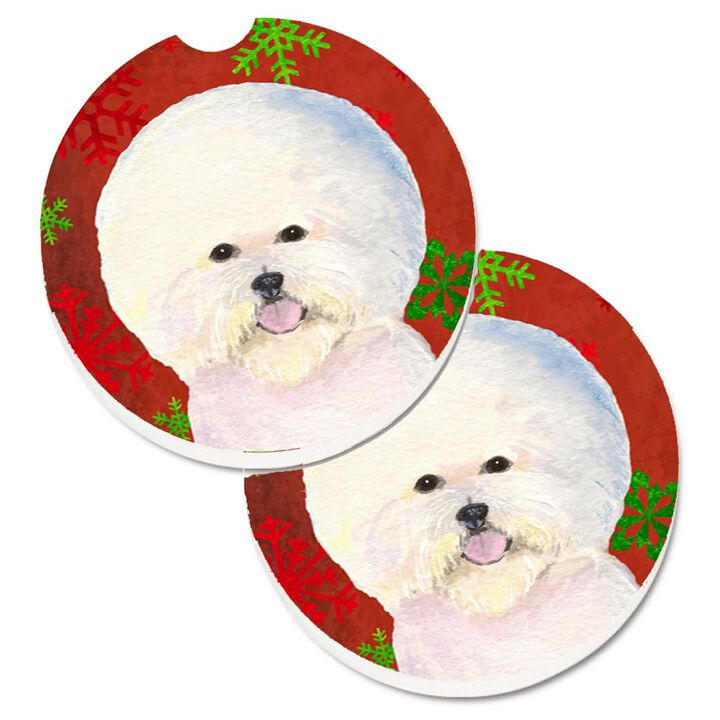 Caroline's Treasures Bichon Frise Red & green Snowflakes Holiday Christmas Set of 2 Cup Holder Car Coasters SS4733CARC, 2.56, Multicolor