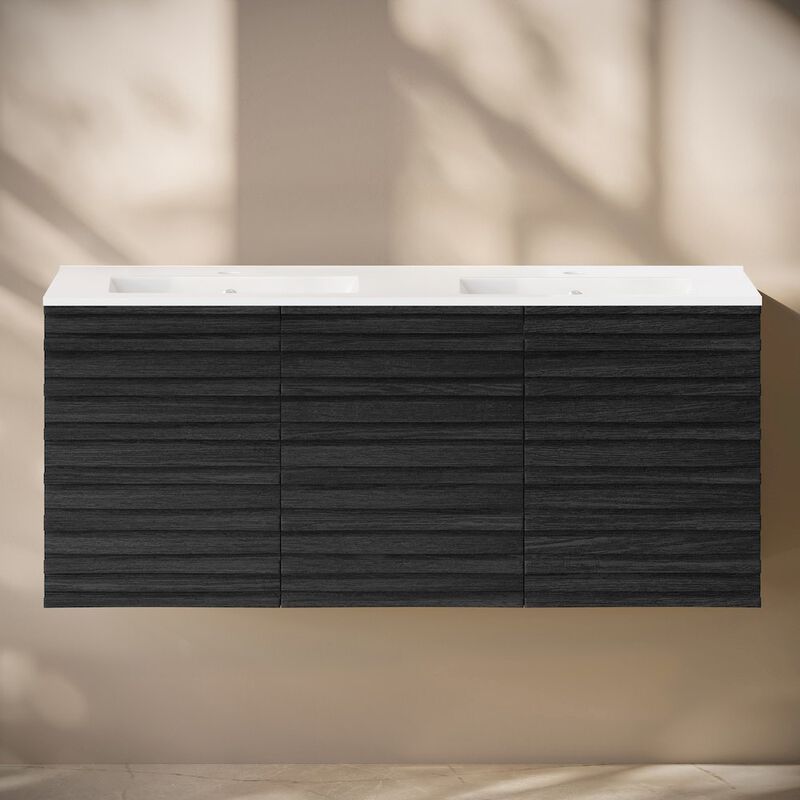 Cascade 48" Wall-Mounted Bathroom Vanity in Black Oak with Double Basin Sink Top image number 8