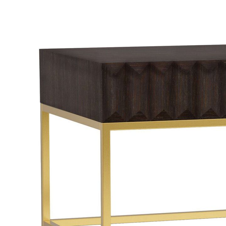 Bran 48 Inch Rectangular Coffee Table, Brown Wood, Gold Base, 2 Drawers-Benzara