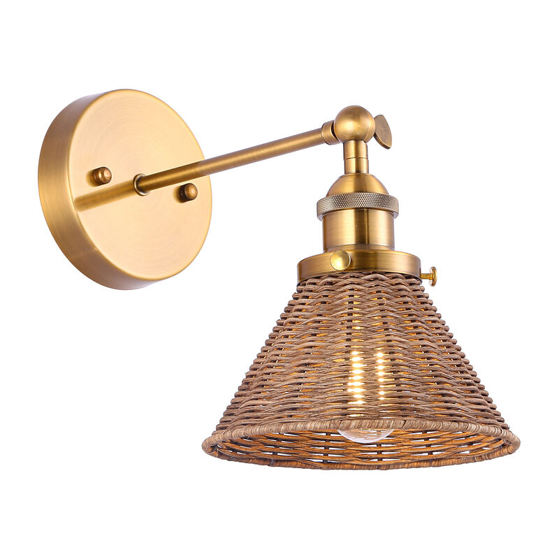 11.8" 1-Light Vintage Farmhouse Gold Rattan LED Wall Sconces with Adjustable Lamp Head